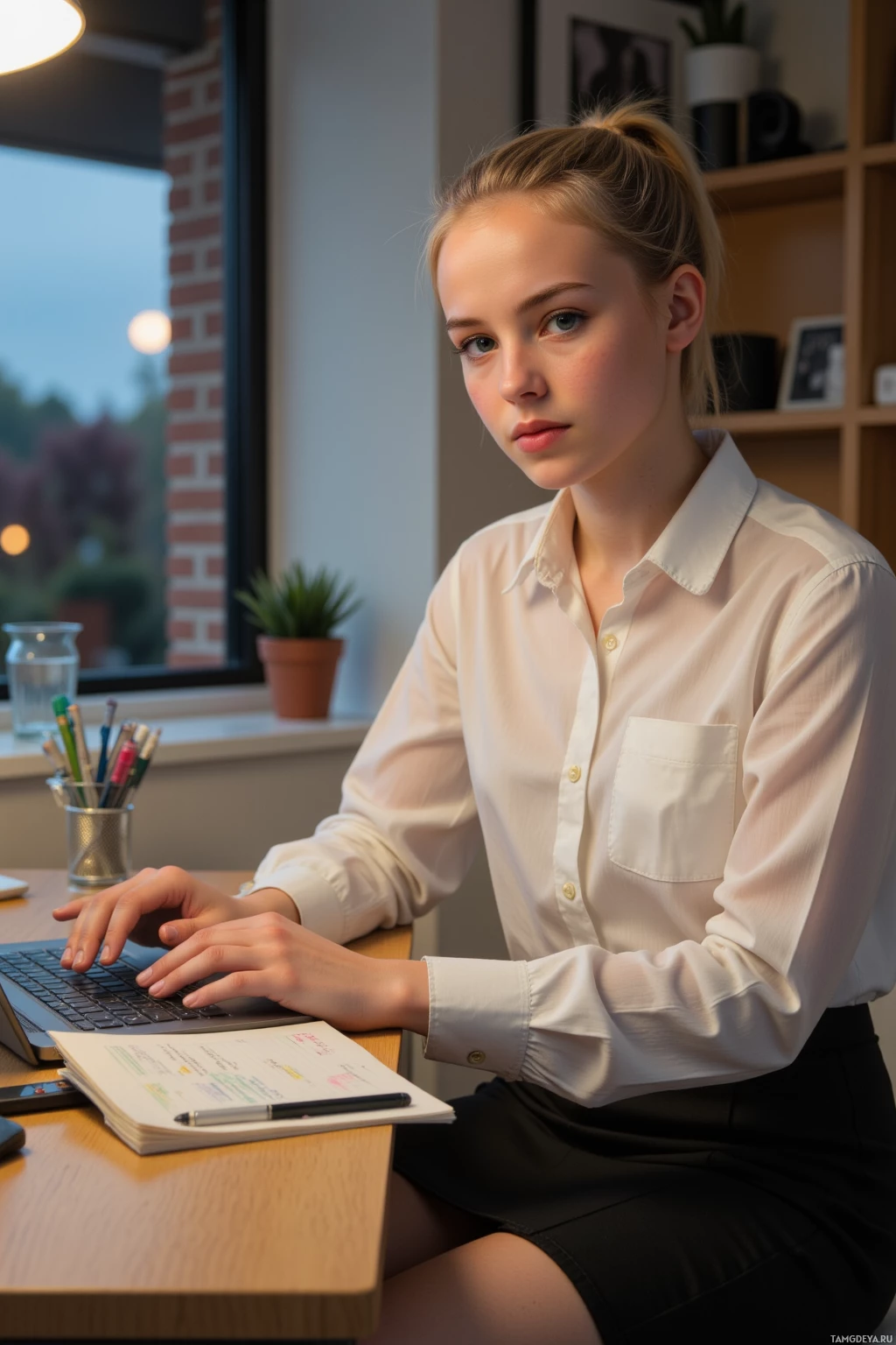 Realistic high quality photo. 17-year-old woman with short blonde hair in a neat ponytail, piercing blue eyes, pale skin, wearing a crisp white blouse and black pencil skirt, sitting at a modern wooden desk in her bedroom at evening, working on a laptop displaying a digital notes hierarchy while holding a mechanical pencil with a unique eraser in a small organizer on the desk, surrounded by neatly arranged stationery under soft desk lamp light.