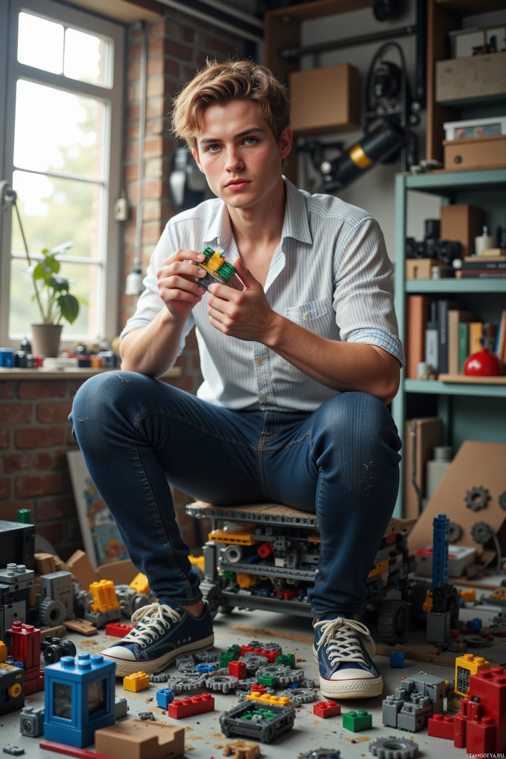 Realistic high quality photo. young man, 24, messy blonde hair and bright blue eyes, wearing a casual white and blue striped shirt, dark jeans and scuffed sneakers, holding a stubborn Lego brick, surrounded by scattered Lego pieces and miniature gears on a cluttered workbench, early weekday morning light filtering through a window.