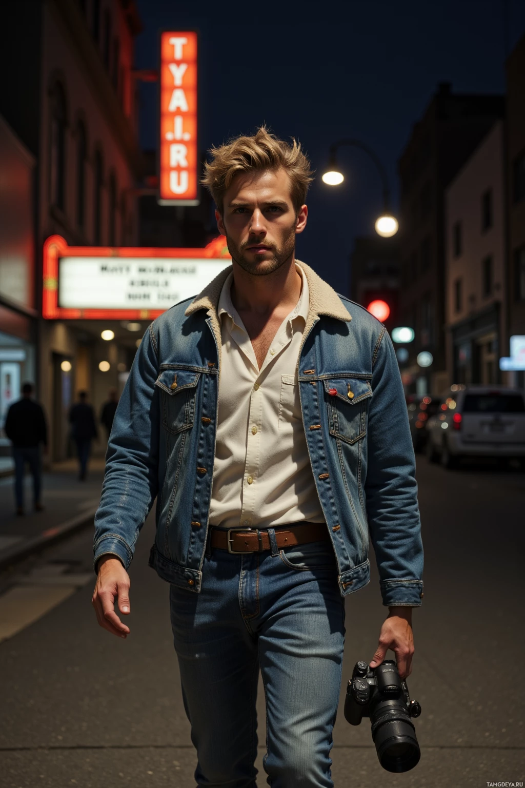 Realistic high quality photo. A 34‑year‑old male with wild blonde hair, pale skin, sharp jawline, prominent nose, wearing a worn denim jacket over a white button‑down shirt, jeans, and leather belt, walks alone at night down a dim city street toward an abandoned theater with a flickering marquee, holding a black‑and‑white film camera, hand trembling slightly as shadows loom.