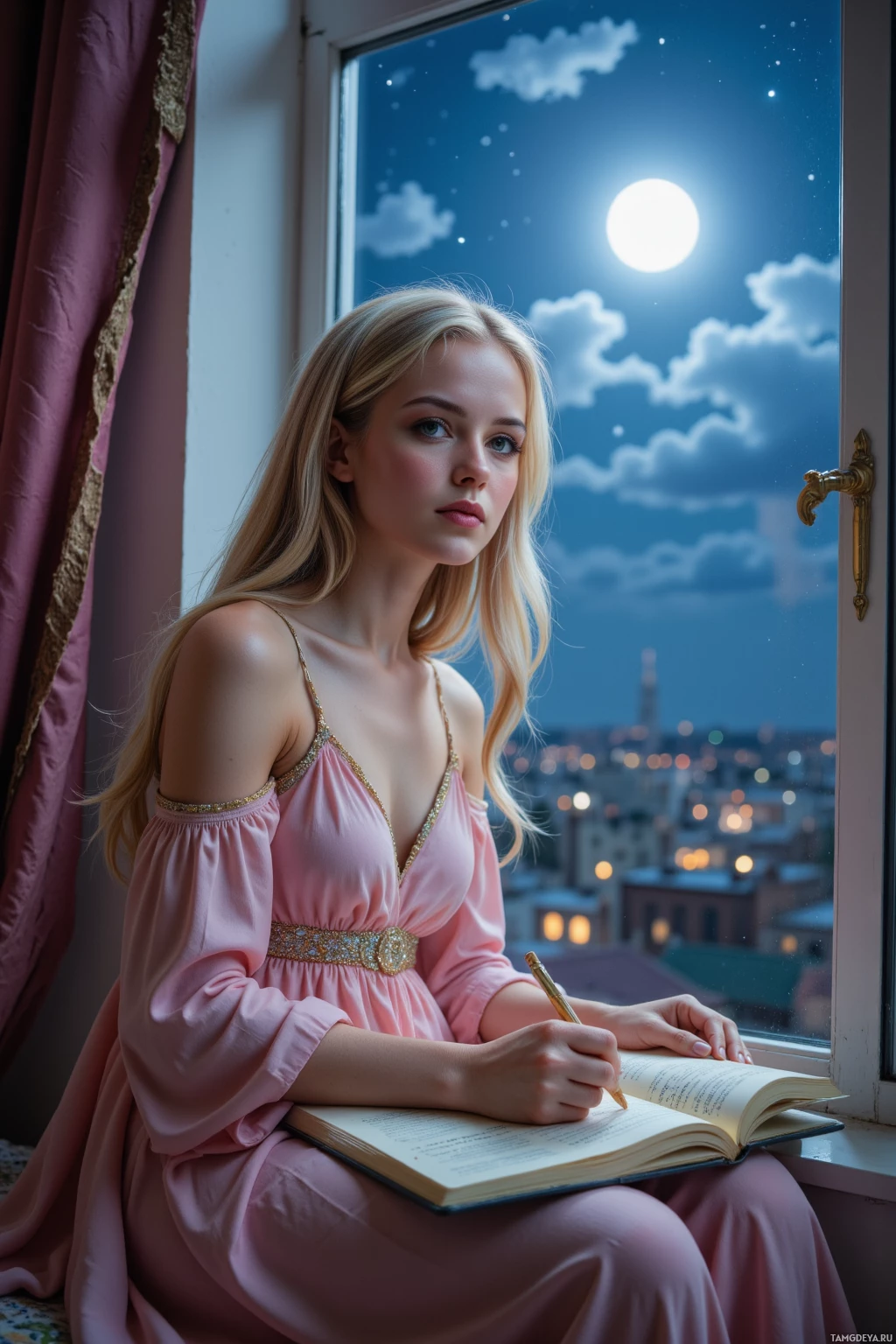 Realistic high quality photo. A 27‑year‑old woman with long light blonde hair and hazel eyes, wearing a flowing pastel gown with delicate layers, sits at a moonlit window of a quiet fantasy apartment, tracing feather‑shaped words onto a notebook as distant city lights hum and a glimmering star watches over her while she weaves hope into the night.