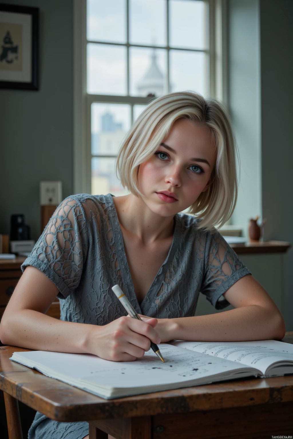 Realistic high quality photo. A 24‑year‑old woman with white bob hair, green eyes, pale skin, wearing a grey‑silver lace dress, sits at a wooden desk beneath blinds letting light leak like a fractured vinyl record, tracing shards on a notebook while a muted city hum fills the room, creating a stormy yet detached ambience.