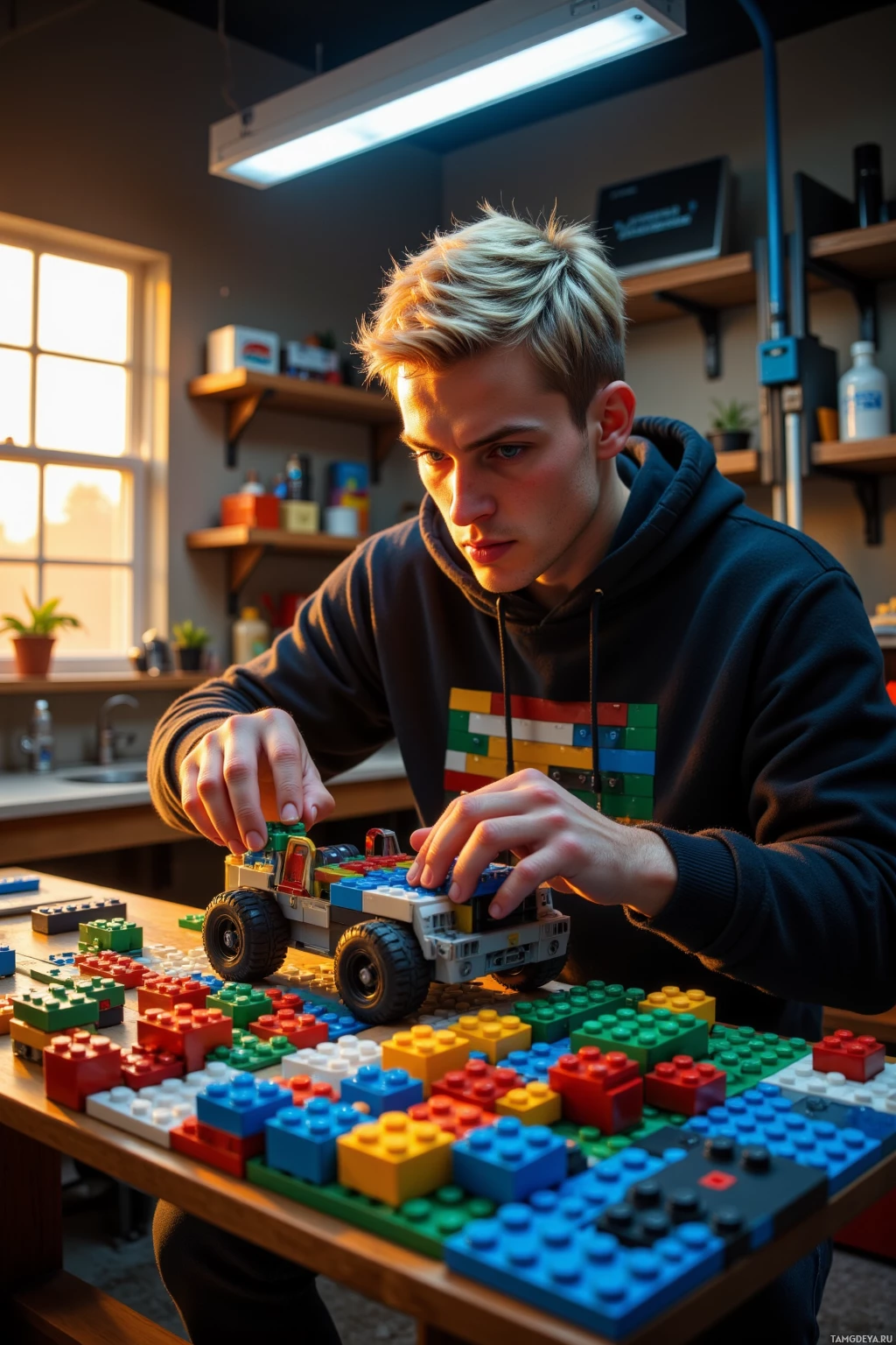 Realistic high quality photo. A 22‑year‑old man with short blonde hair, bright blue eyes, angular features, wearing a black hoodie with a Lego brick print, jeans and white sneakers, intensely focused on assembling a detailed Lego prototype in his dimly lit workshop while golden dawn light streams through the window and LED illumination highlights the scattered bricks.