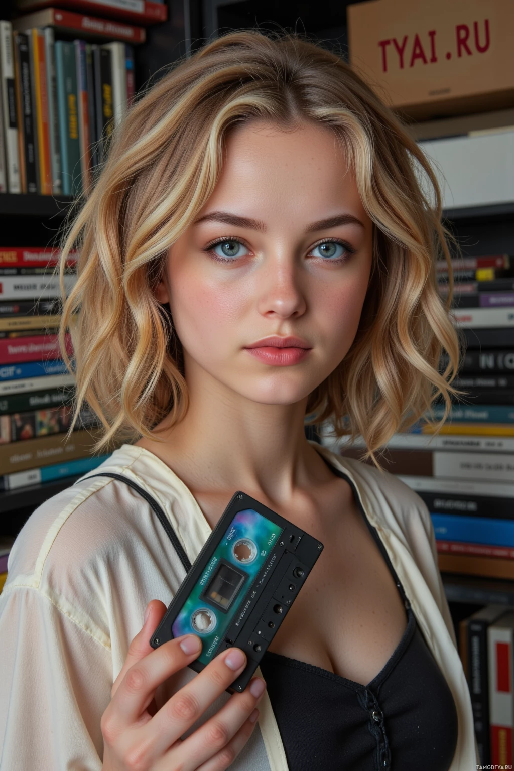 Человек держит кассету на фоне книжного шкафа.