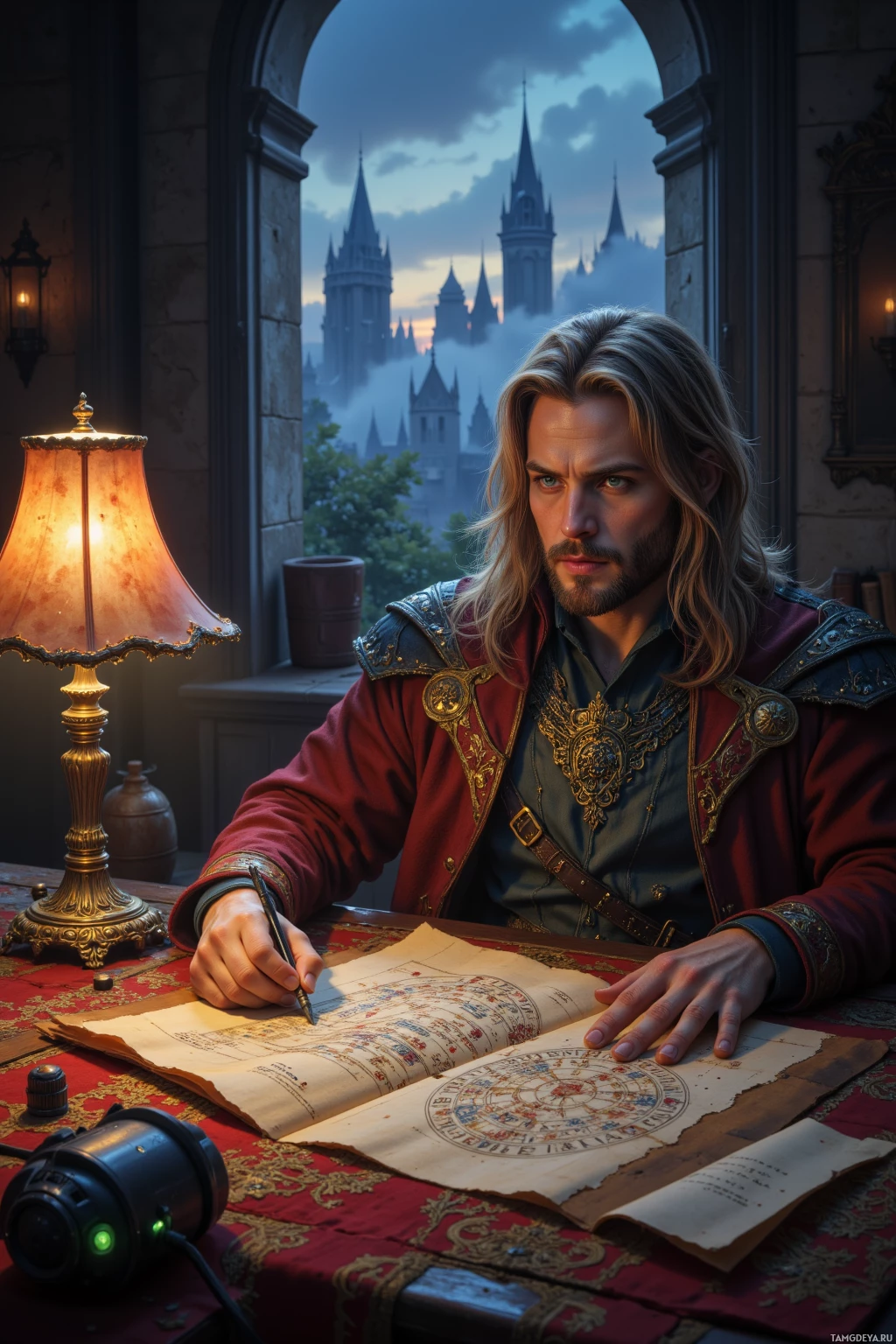Realistic high quality photo. A thoughtful 36‑year‑old man with pale skin, long light‑brown wavy hair and piercing green eyes, wearing an intricately designed armored coat, sits in a dim study illuminated by an amber lamp, mapping forgotten runes with ink onto parchment while a humming VR headset rests beside him, misty spires of a fantasy realm glimmer through a window in the late evening.