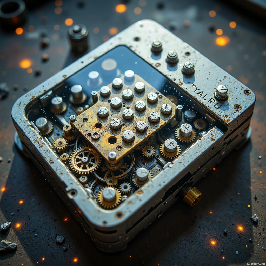 Semi-abstract image with many light, that is suitable for the post:  1978 Micro-Fortune pocket-sized mechanical calculator with a translucent glass face, tiny silver push-buttons, brass gears each etched with a fine coordinate grid, intricate gearwork exposed, lightweight metal case.