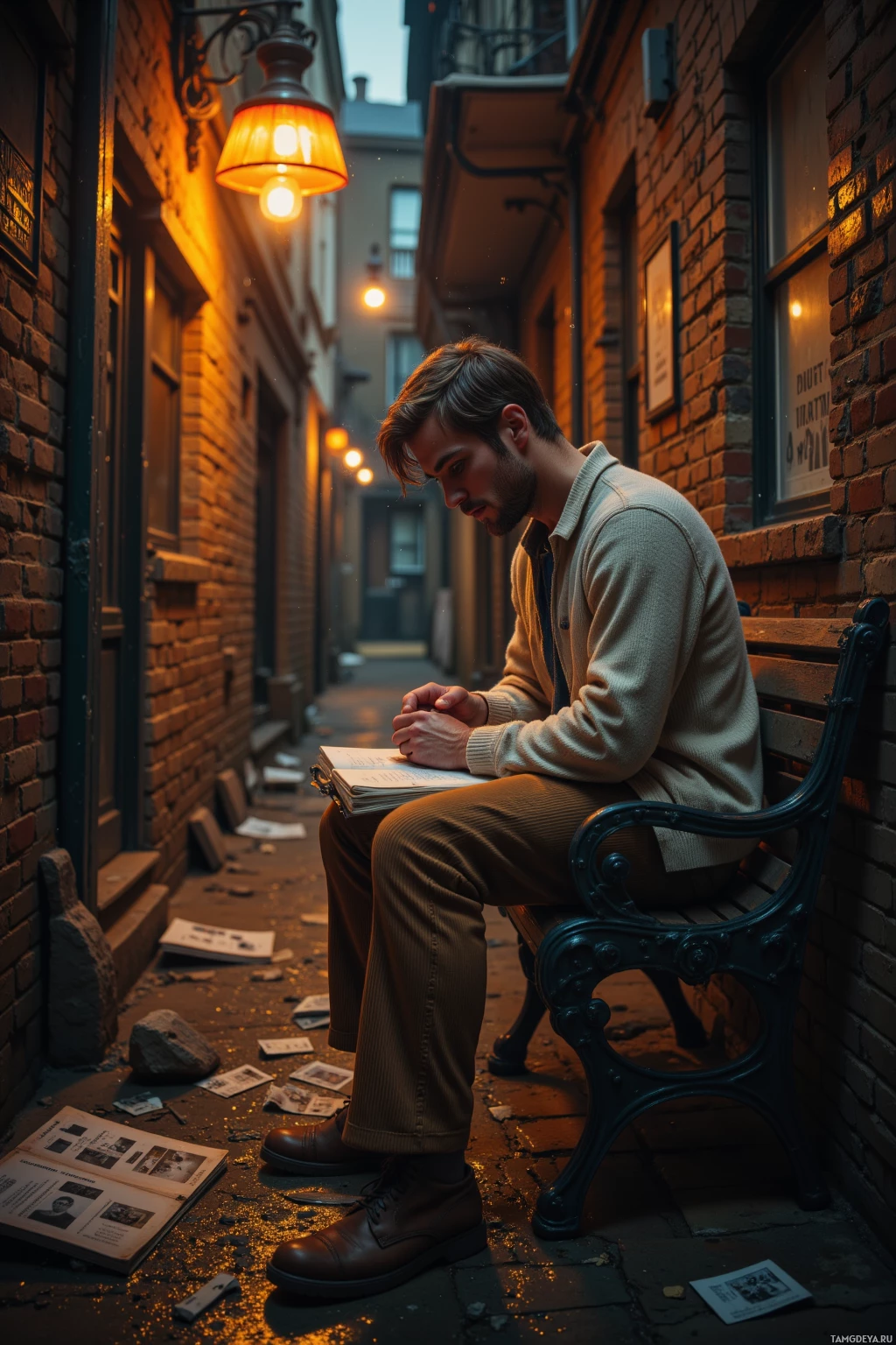 Realistic high quality photo. Man 33 with light brown messy hair, green eyes, fair skin, wearing a soft cardigan and worn corduroy pants, sits on a metal bench in a rain‑slicked back alley at late night, head bowed over a stained notebook as amber glow filters through broken brick walls, scattered film clapperboards and old photographs around him, his expression thoughtful yet determined.