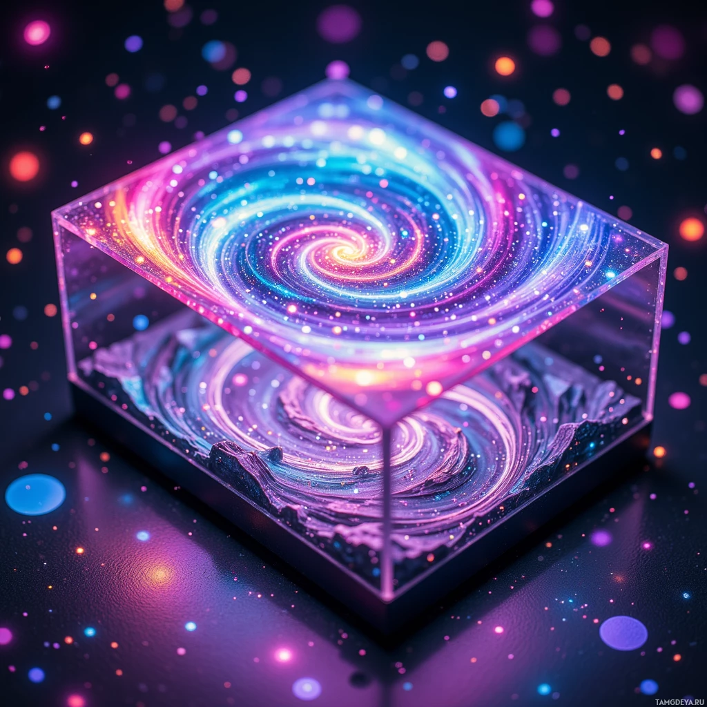 Semi-abstract image with many light, that is suitable for the post:  Pocket-sized nano-thread printer with a swirling iridescent panel that shifts color with touch, a micro-printed cloth pattern in real-time that folds glitch-inspired ripples, and a translucent holographic interface projecting 3D designs.