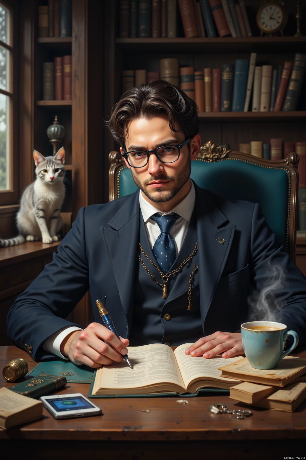 Мужчина в костюме сидит за столом, на котором лежат книги, рядом с ним – кот и чашка горячего кофе.