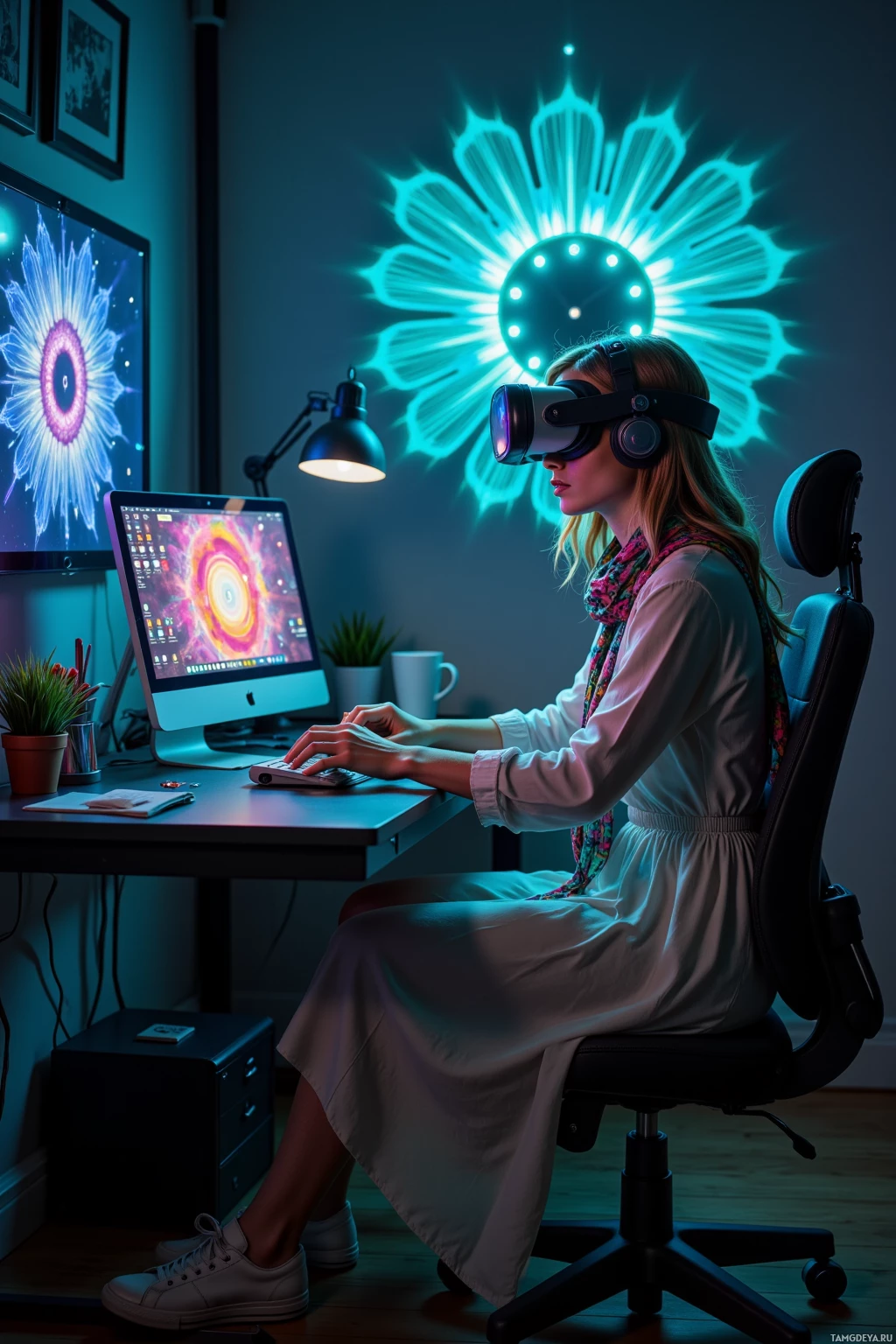 Человек в VR-шлеме сидит за столом, на стене позади него – светящийся рисунок в виде цветка.