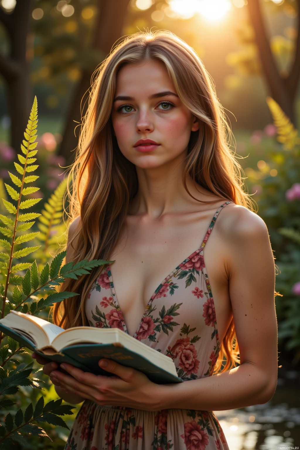 Женщина в цветочном платье держит открытую книгу, вокруг неё зелень и солнечный свет.