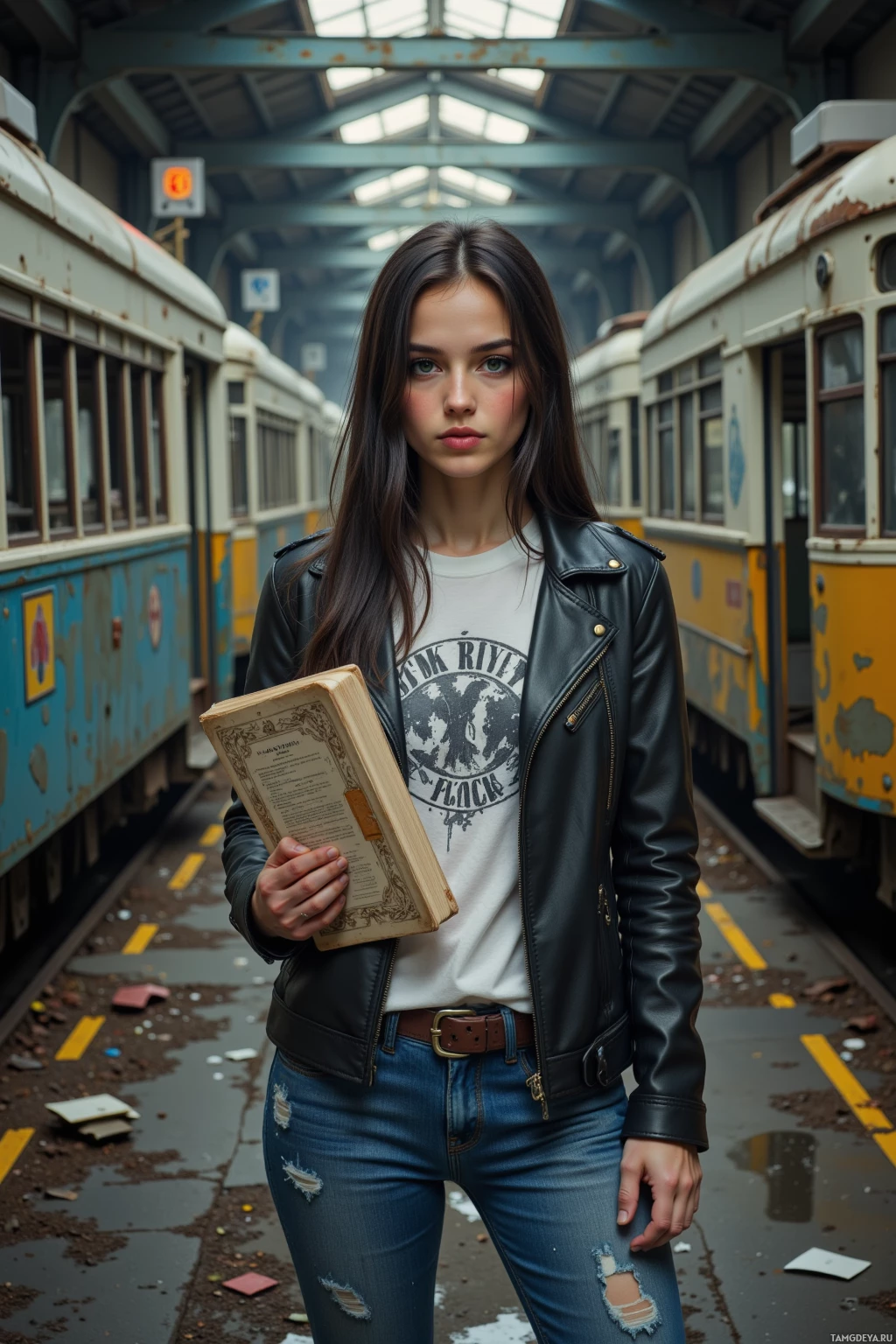 В зале вокзала стоит человек, держа в руках старинную книгу, одетый в кожаную куртку и джинсы.