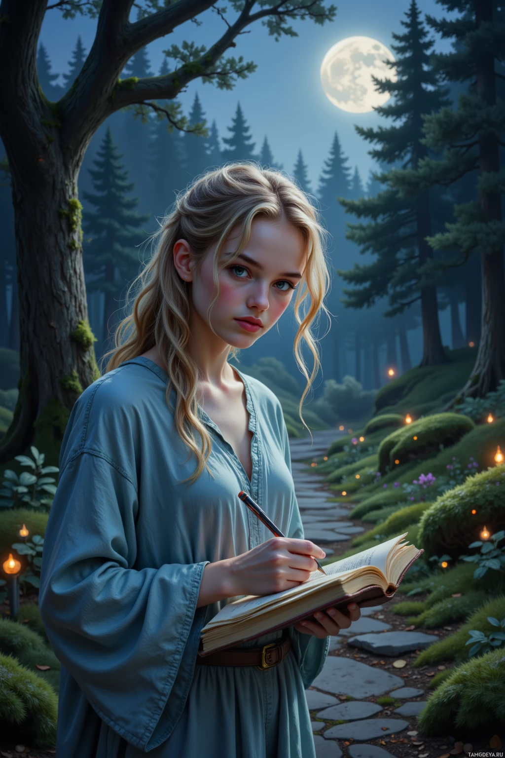 Молодая женщина в лесу, держащая книгу и ручку, на заднем плане тропинка и мерцающие огни.