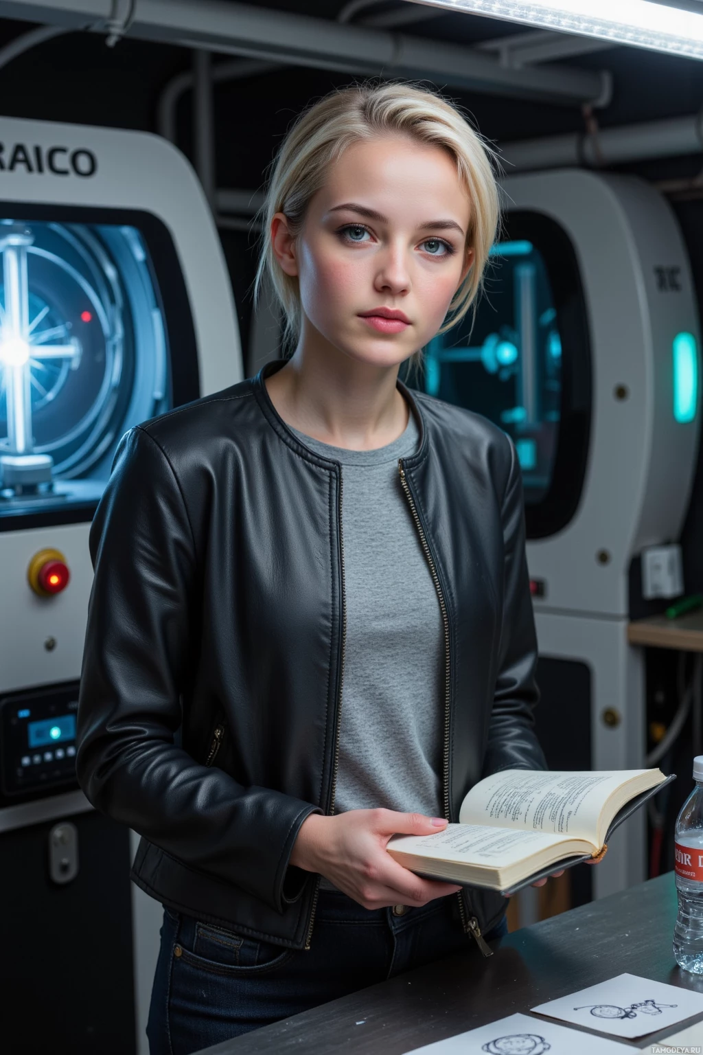 Realistic high quality photo. Female 28‑year‑old researcher with short bright blonde hair and blue eyes, wearing a fitted black leather jacket over a gray tee and tight dark jeans, stands in a cluttered modern physics lab beside a sleek photon‑cutter device, holding a notebook full of doodle sketches while a bottle of electrolyzed water sits on the metal counter under late‑night glowing lights.