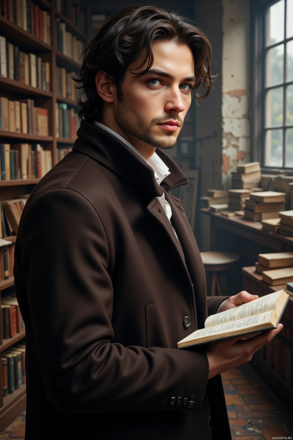 Realistic high quality photo. A 32‑year‑old man with dark wavy hair, piercing blue eyes, pale skin, slender build, wearing a long dark brown coat with subtle patterns, standing in an old bookstore with cracked windows letting filtered light scatter across worn shelves and his notebook, exuding calm, introspective solitude.