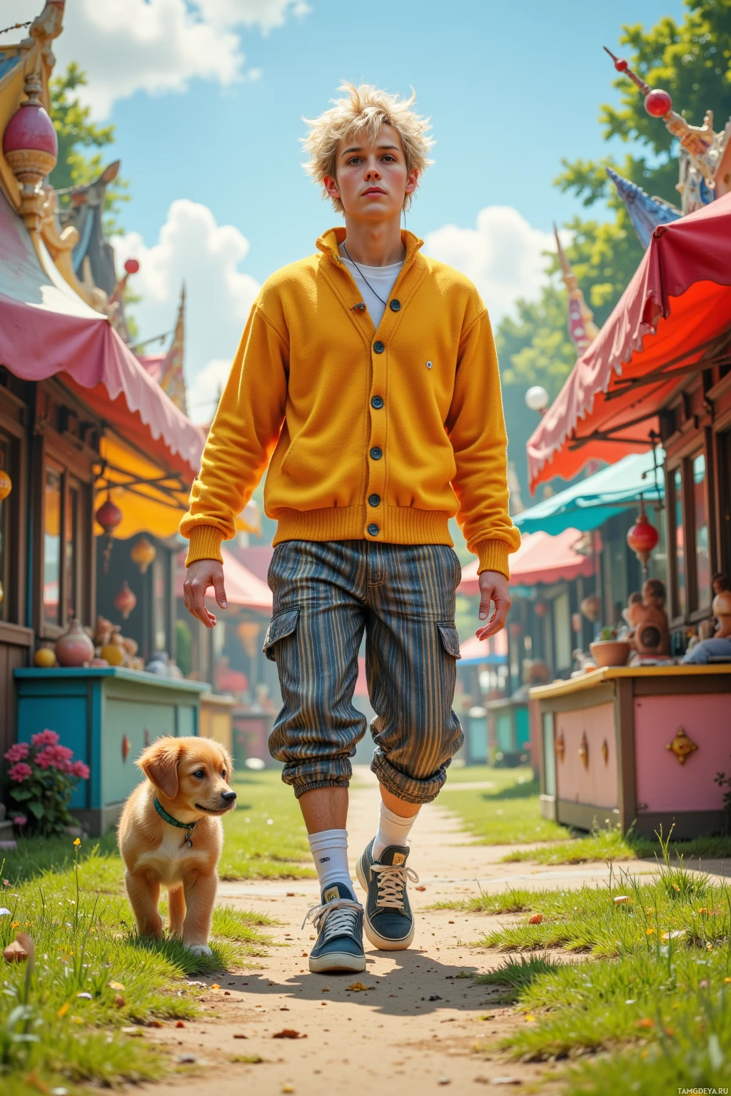 Realistic high quality photo. Fair-skinned male 28 with tousled light blonde hair, vivid blue eyes, wearing an oversized yellow sweater with mismatched buttons, striped trousers, quirky sneakers, animated expression, socks perched on his head, shuffling through a bright garden turned whimsical carnival with colorful stalls and soft green grass, holding earbuds, watching a small brown puppy and an elderly dog resting together, midday sunlight, playful mood.