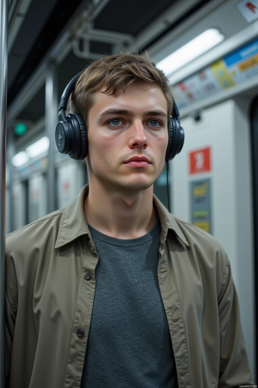Realistic high quality photo. A 28‑year‑old man with short brown hair, blue eyes, pale skin, wearing a casual shirt, relaxed style, headphones on, standing on a modern subway platform, intently listening to a train’s brake hiss amid the platform’s acoustic panels.