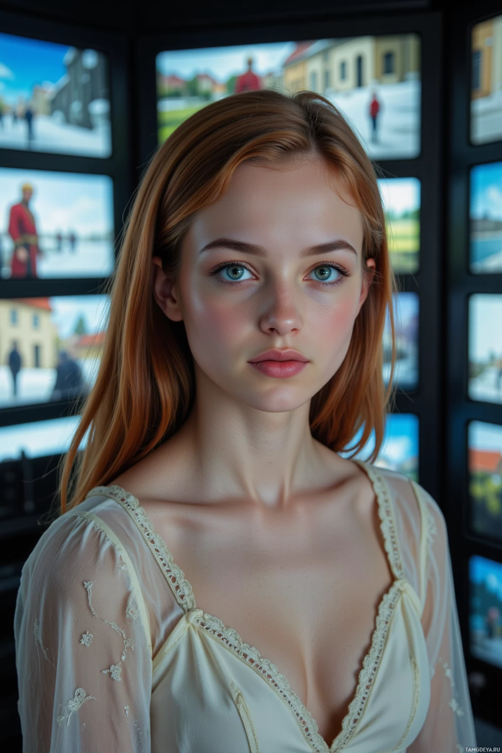 Realistic high quality photo. A slender woman with long flowing auburn hair, bright blue eyes and porcelain skin, wearing a vintage lace‑embroidered dress, sits in a dimly lit laboratory surrounded by holographic displays as she fine‑tunes virtual reality rendering of cobblestone streets and a medieval town guard avatar.