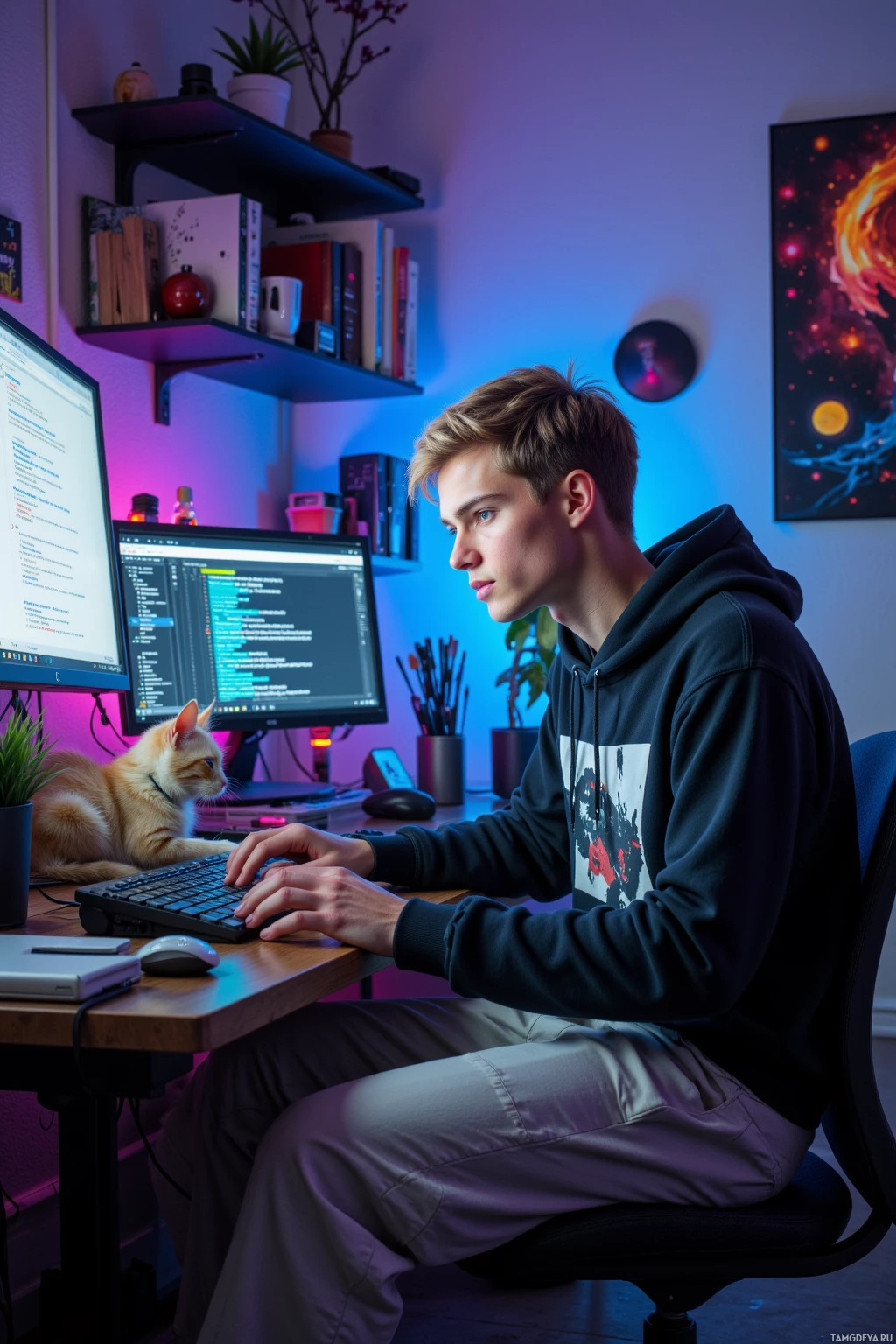 Realistic high quality photo. 21‑year‑old man with short blonde hair, blue eyes, pale skin wearing a graphic hoodie and loose light gray cargo pants, intensely typing on his cluttered desk filled with unfinished breadboards and glowing monitors that display meme generator code about quantum entanglement and cats, while a cat sleeps on the keyboard and synthwave glow illuminates the modern bedroom at night.