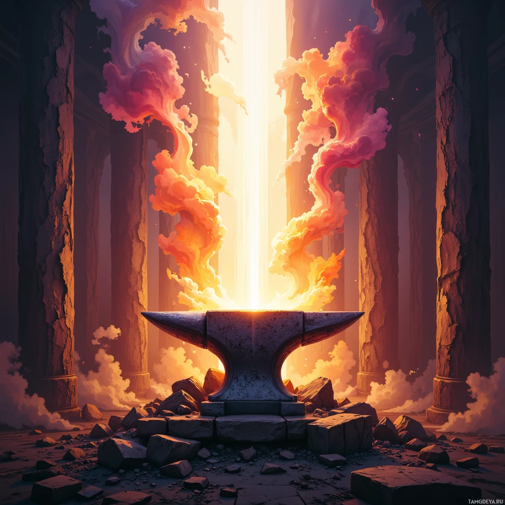Semi-abstract image with many empty light space at center of beautiful background, that is suitable for the post:  The anvil hums like a drumbeat, reminding me that true strength refuses to melt under fleeting trends.