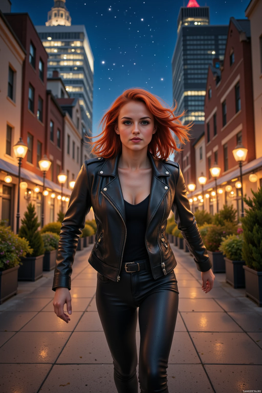 Realistic high quality photo. A 28‑year‑old woman with bright red messy bob hair, brown eyes and fair skin in a black leather jacket and fitted casual pants sprinting down an illuminated urban avenue at night, then standing on a rooftop garden beneath a star‑filled sky, wings spread, grinning triumphantly.