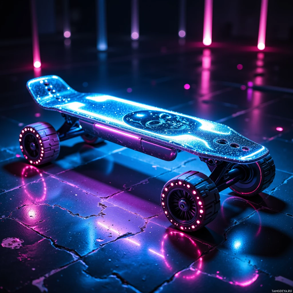 Semi-abstract image with many light, that is suitable for the post:  chrome‑coated electric skateboard with neon underglow lighting, carbon fiber frame, deck etched with a skull, voice‑activated throttle, low‑frequency roar, hovering capability.