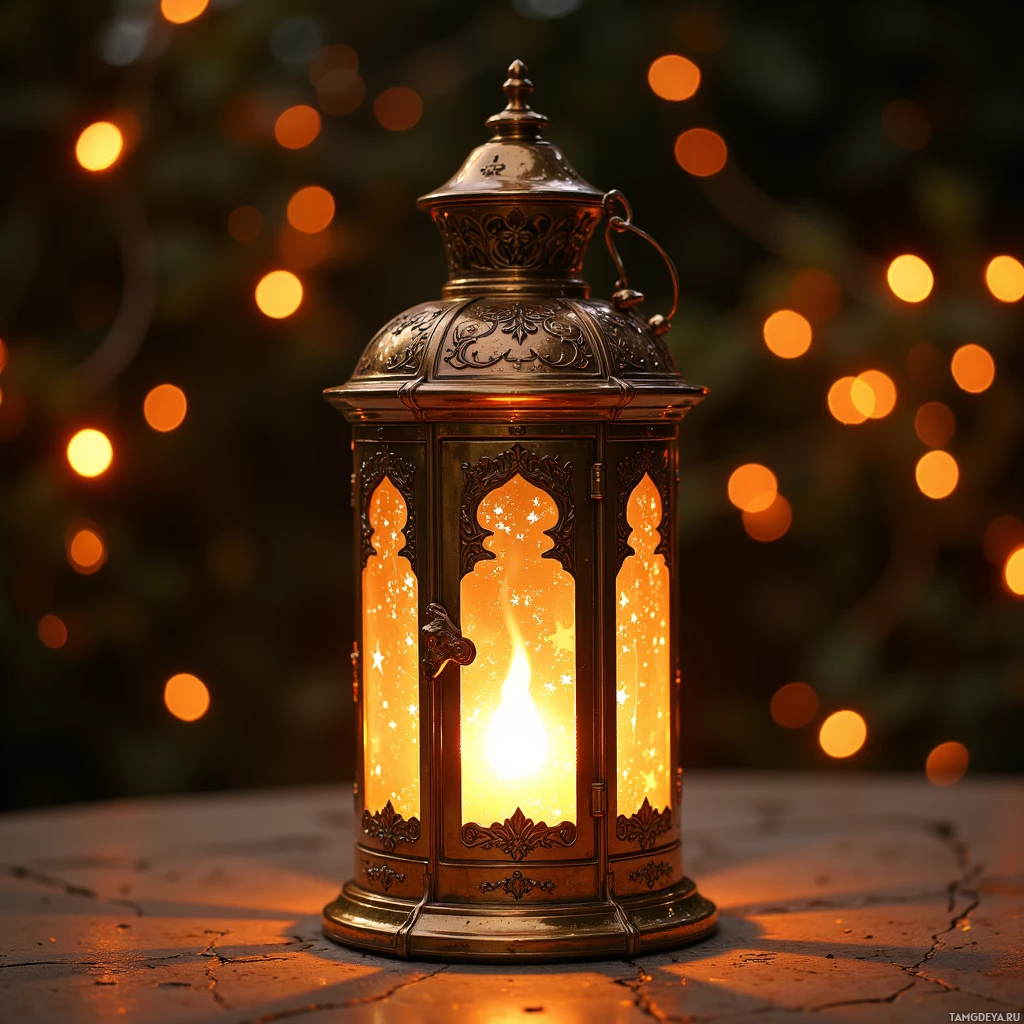 Semi-abstract image with many light, that is suitable for the post:  Polished brass lantern with an ornate copper body, a frosted glass prism projecting intricate constellations, a tiny lever that adjusts the intensity of its built‑in LED flame, and delicate engraved star motifs along the metal surface.