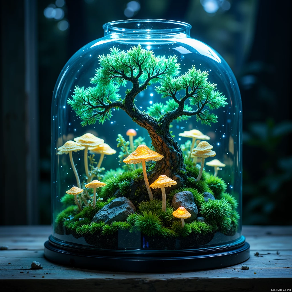 Semi-abstract image with many light, that is suitable for the post:  Hand‑crafted translucent glass terrarium filled with lush green moss and tiny bioluminescent fungi glowing softly, with subtle mechanical sensor components visible, creating a miniature twilight forest inside the glass walls.