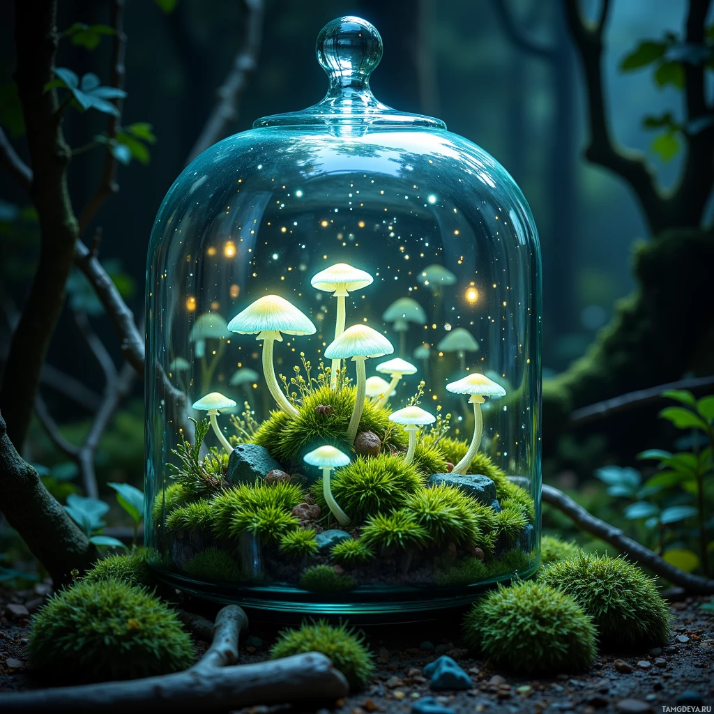 Semi-abstract image with many light, that is suitable for the post:  Hand‑crafted translucent glass terrarium filled with lush green moss and tiny bioluminescent fungi glowing softly, with subtle mechanical sensor components visible, creating a miniature twilight forest inside the glass walls.