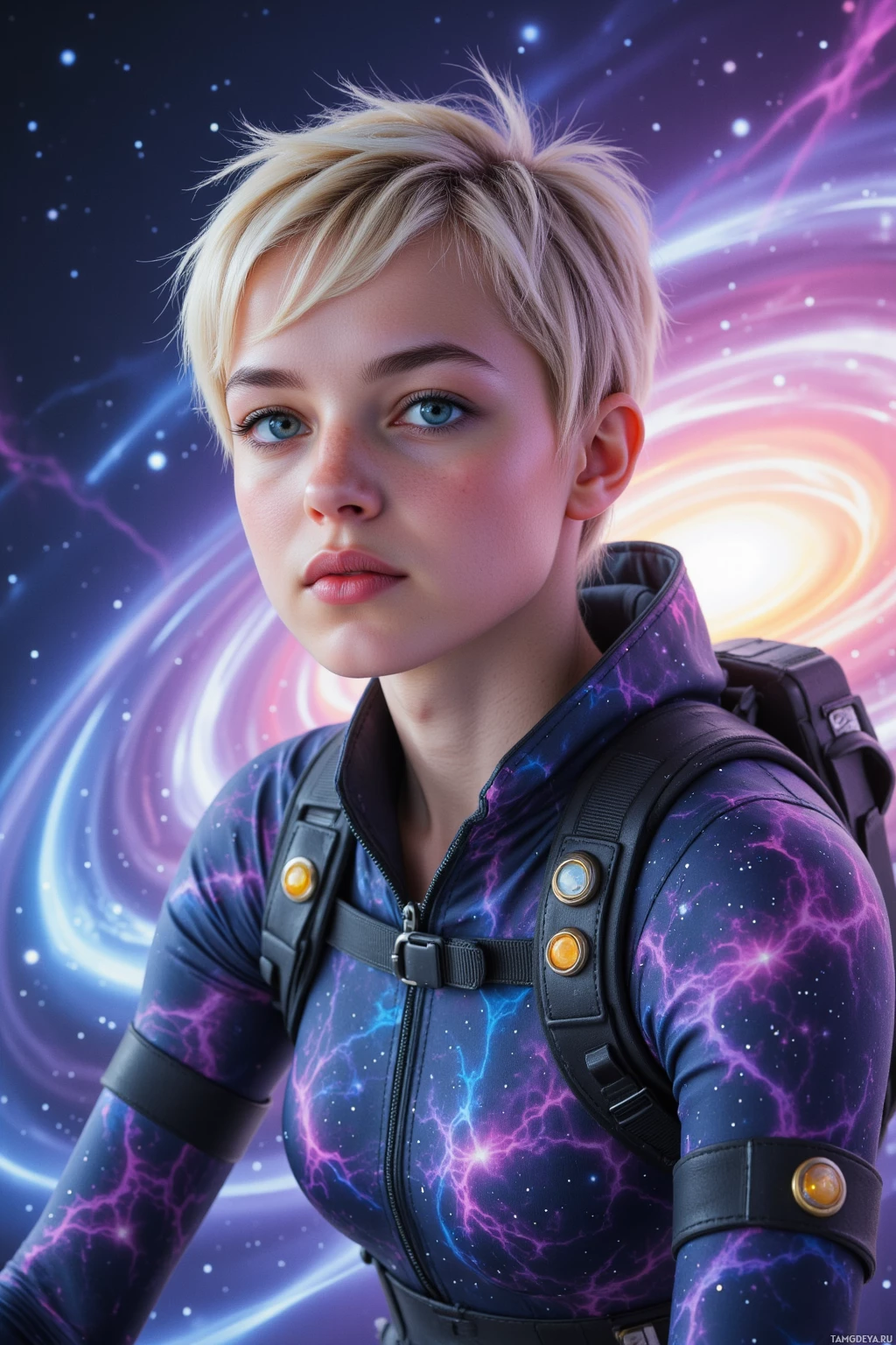Realistic high quality photo. Female 26 with short spiky blonde hair, bright blue eyes, radiant white skin, wearing a sleek nebula-patterned bodysuit and jetpack straps, riding a pulsar’s pulse through swirling nebula and starlight in deep space, calm focus, warp winds swirling around her.