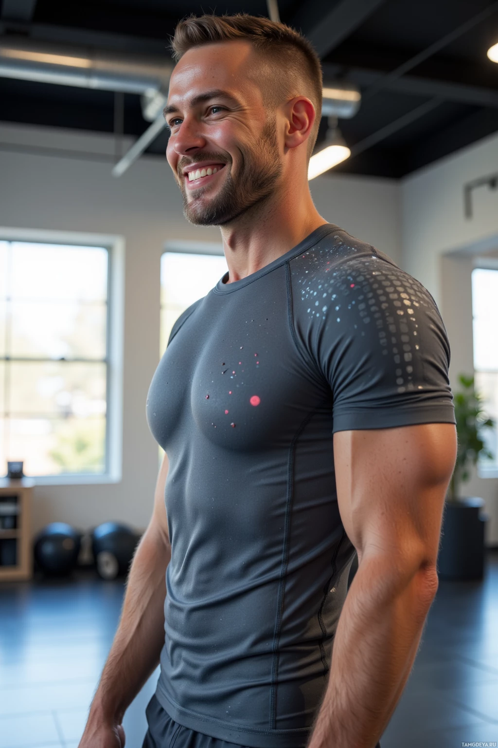 Realistic high quality photo. A 31‑year‑old man with light brown cropped hair and blue eyes, wearing a fitted grey athletic top and matching performance leggings, stands in a modern studio with humming lights, laughing as a client slips during a balance drill, his gaze fixed on micro‑expressions while a subtle callus map appears on his feet.