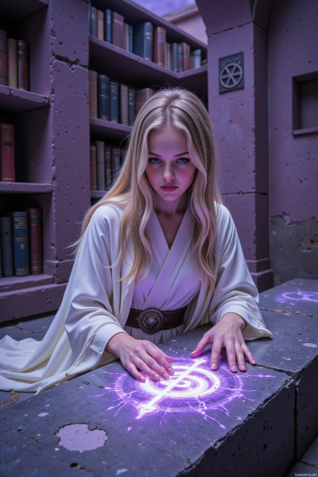 Realistic high quality photo. A graceful 31‑year‑old woman with long flowing blonde hair, blue eyes, pale skin, wearing flowing white robes adorned with mythological symbols, kneeling before a glowing inked rune carved on a stone slab in an ancient ruined library, bruised violet sky overhead, faint warlike glow radiating from the rune, her hands steady and cautious.