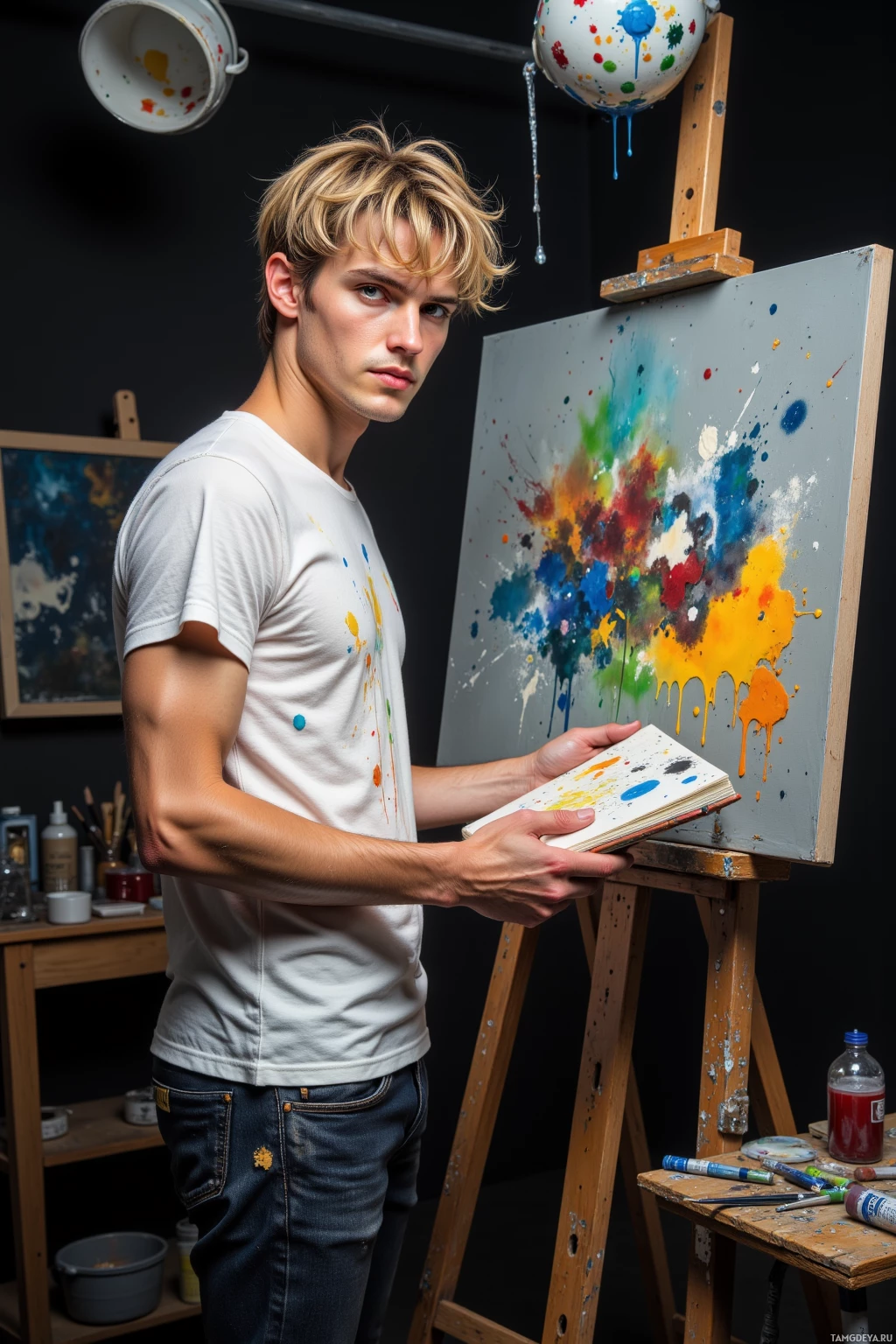 Realistic high quality photo. 30‑year‑old male artist with tousled blonde hair, piercing blue eyes, wearing a white T‑shirt splattered with paint and dark jeans holding a sketchbook stands in a dim studio; an open paint bucket above him splatters bright drops onto the ceiling while a canvas on an easel drips both sides as its surface shifts between flat and moon‑crater abstract shapes, surrounded by scattered brushes and pigment tubes.