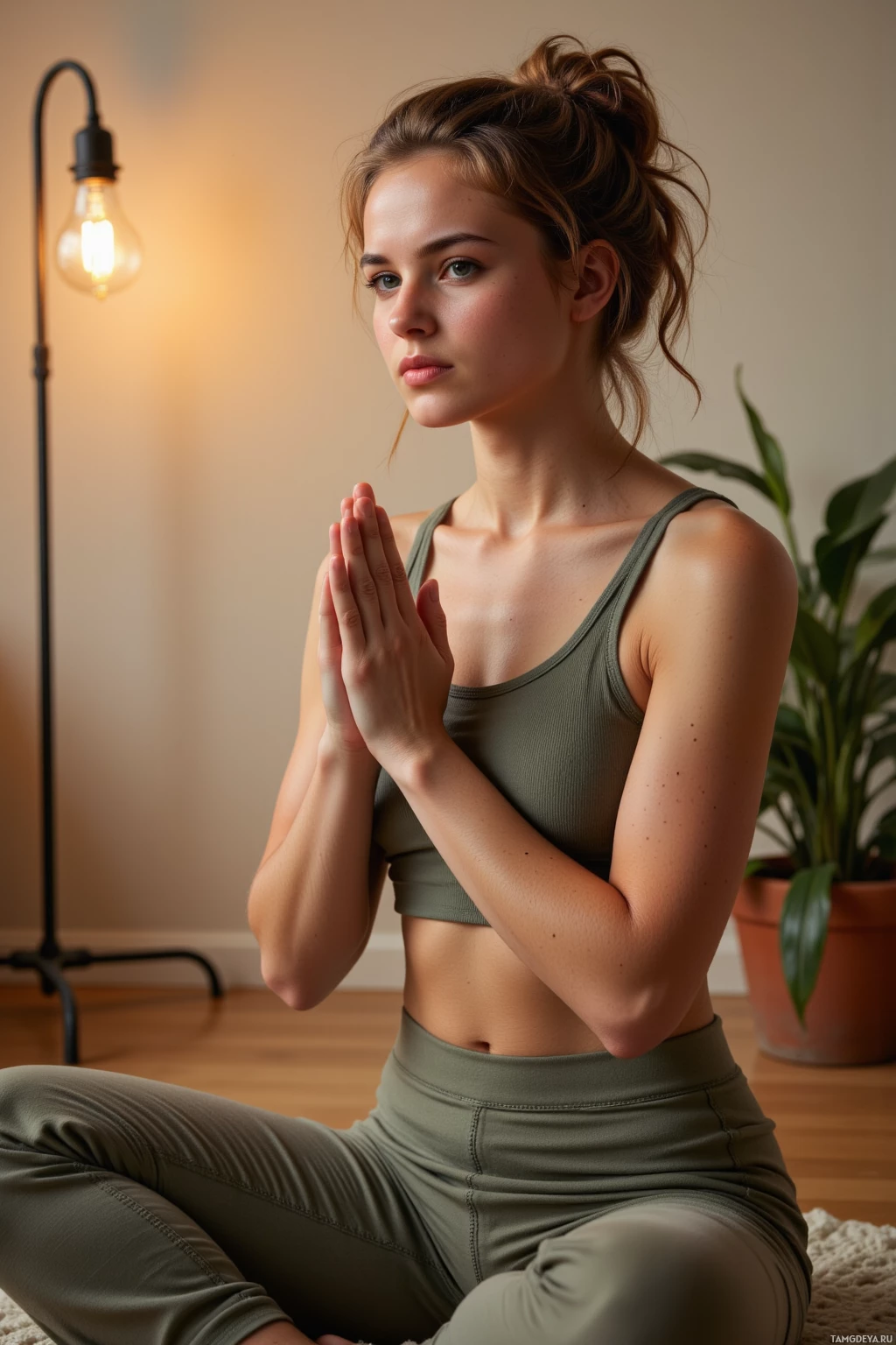 Realistic high quality photo. Calm 30‑year‑old woman with curly brown hair tied back, wearing loose comfortable meditation clothes, seated on a cushion in a modest studio where a flickering lamp casts light across a plain wall, counting breaths with a slightly annoyed expression, a small potted plant beside her, evening lighting.