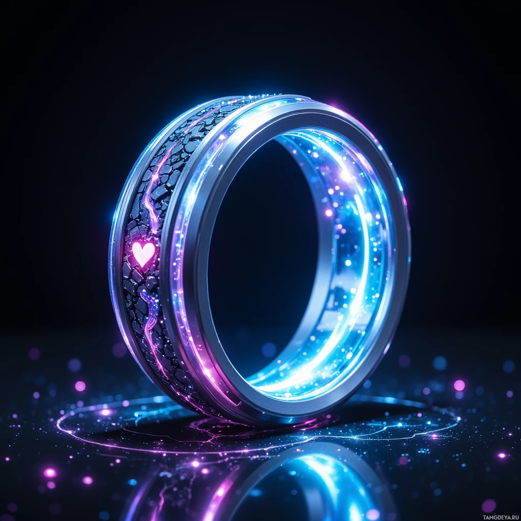 Semi-abstract image with many light, that is suitable for the post:  Sleek titanium wristband with a polished metal shell, intricate bioluminescent circuitry that glows like an aurora, miniature holographic display projected from the band, and tiny LEDs pulsing rhythmically in sync with a heartbeat.