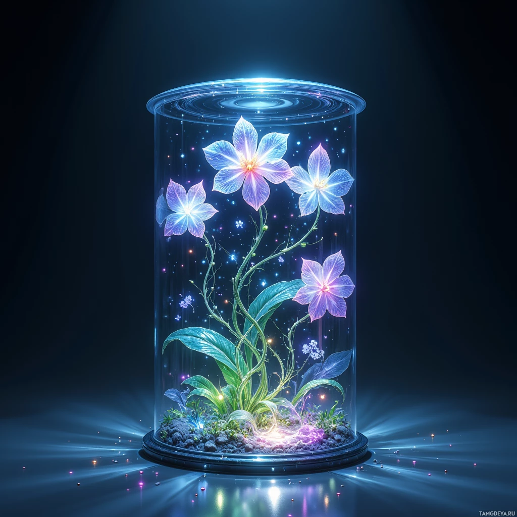 Semi-abstract image with many light, that is suitable for the post:  A crystal glass pod houses a living neural interface orchid with translucent, fractal‑patterned vines twisting around tiny bioluminescent petals that flicker in shifting data‑stream colors and reveal embedded microcode circuits within the plant tissue, all rendered in minimalist organic‑silicon harmony.