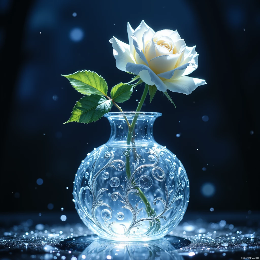 Semi-abstract image with many light, that is suitable for the post:  small crystal vase in clear glass, etched with curling silver vines and shimmering dewdrop motifs that shift subtly, illuminated by moonlit glow and containing a single pristine white rose with petals unfurling like liquid glass