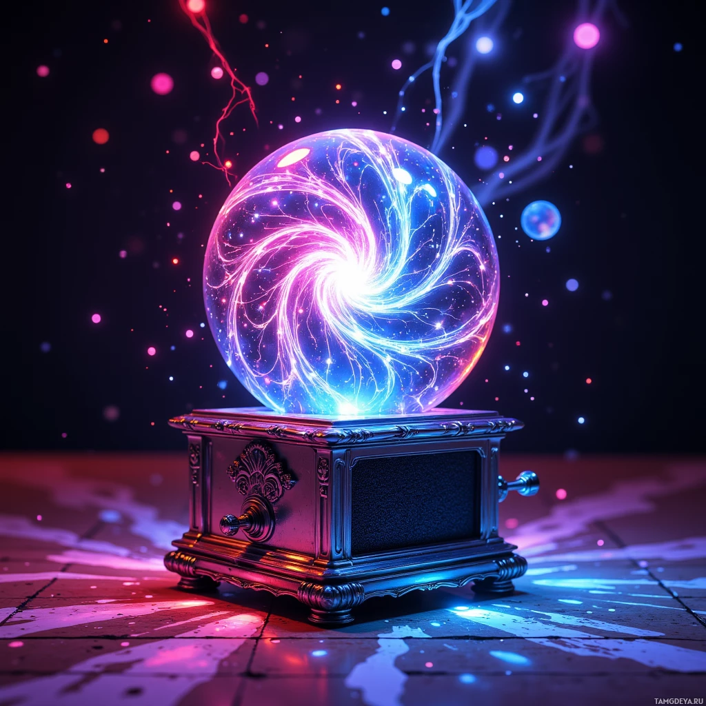 Semi-abstract image with many light, that is suitable for the post:  hand-crank music box with a shiny chrome shell, a crystal ball of swirling neon LEDs, a tiny speaker, a heart‑beat sensor, and a twist crank, glowing patterns radiating from the LED sphere in chaotic, colorful spirals.