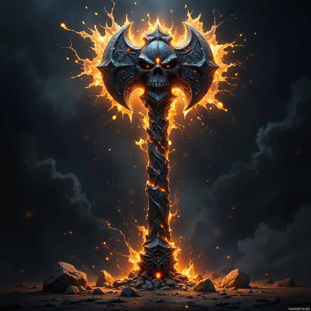 Semi-abstract image with many light, that is suitable for the post:  A blackened warhammer with a jagged skull-shaped head, veins of glowing amber pulsing through the metal, a heavy steel shaft, and a handle etched with humming battle runes.