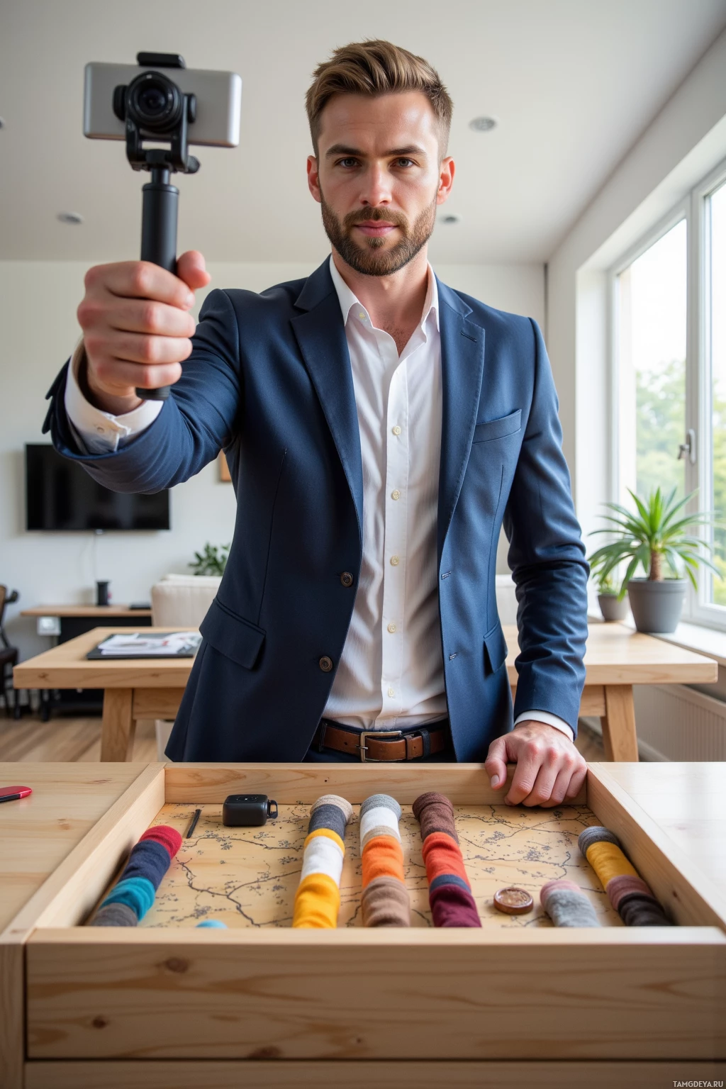 Realistic high quality photo. Tall 34‑year‑old male with short blonde beard and blue eyes, wearing a smart casual blazer and shirt, standing in a bright modern living room, holding a selfie stick and pointing toward an open sock drawer arranged like a treasure map, confident expression and approachable vibe.