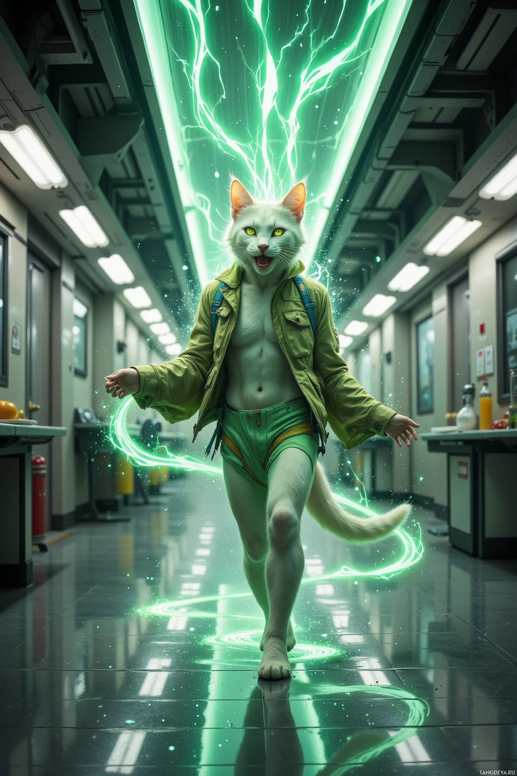 Realistic high quality photo. Male, 23, anthropomorphic cat with soft white and pale green fur glowing greenish, bright radioactive yellow eyes, lean sharp build, tattered glowing jacket humming with energy, spinning and laughing in an orbital station cafeteria hallway, leaving a sparkling holographic trail that lights up the corridor like a glitchy disco, radiating playful, chaotic confidence.