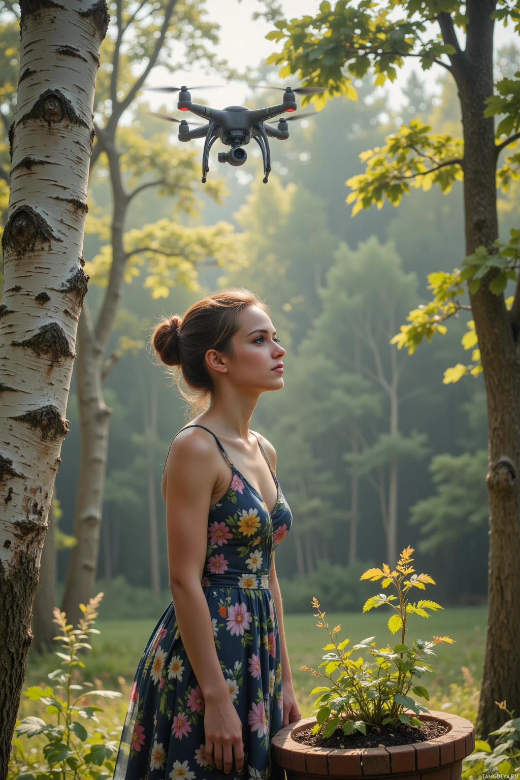 Realistic high quality photo. A calm 31‑year‑old woman with long dark brown hair in a loose bun, soft blue eyes, fair skin, wearing a flowing floral dress that blends into a forest, standing beside a bio‑inspired planter that integrates solar panels into soil, watching a drone capture morning dew on an old birch tree under soft early‑morning light.