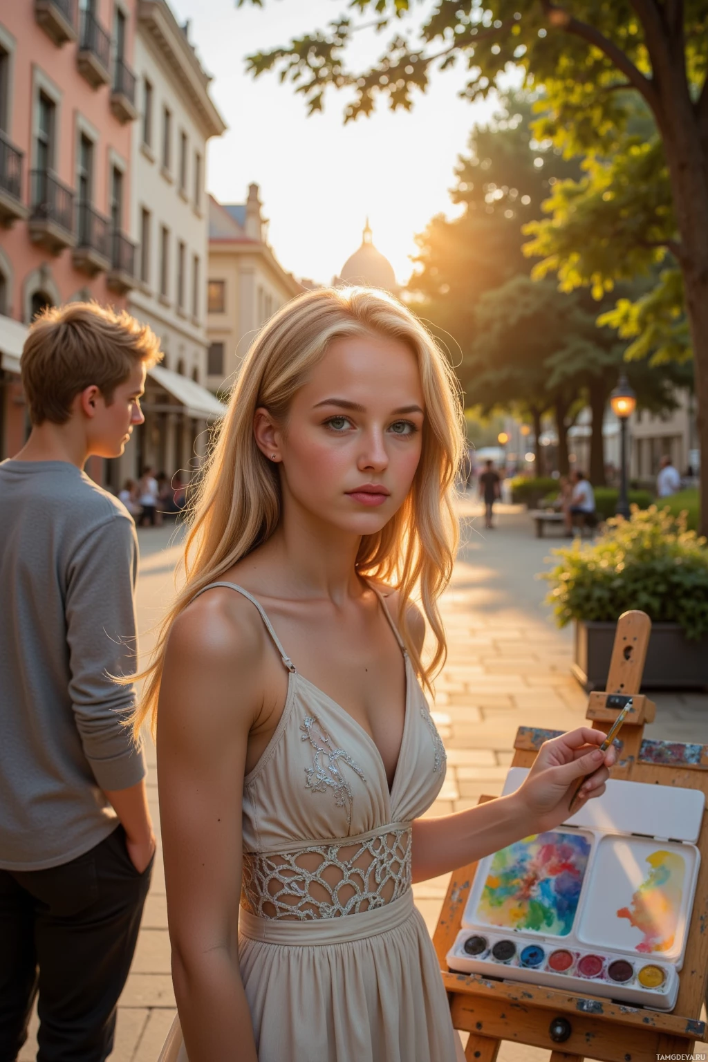 Realistic high quality photo. A 26‑year‑old woman with flowing golden blonde hair, bright blue eyes, sun‑kissed skin and a shimmering dress stands at dawn in a hidden city courtyard beside an easel and watercolor set while her friend watches from a nearby bench, both bathed in soft sunrise glow.