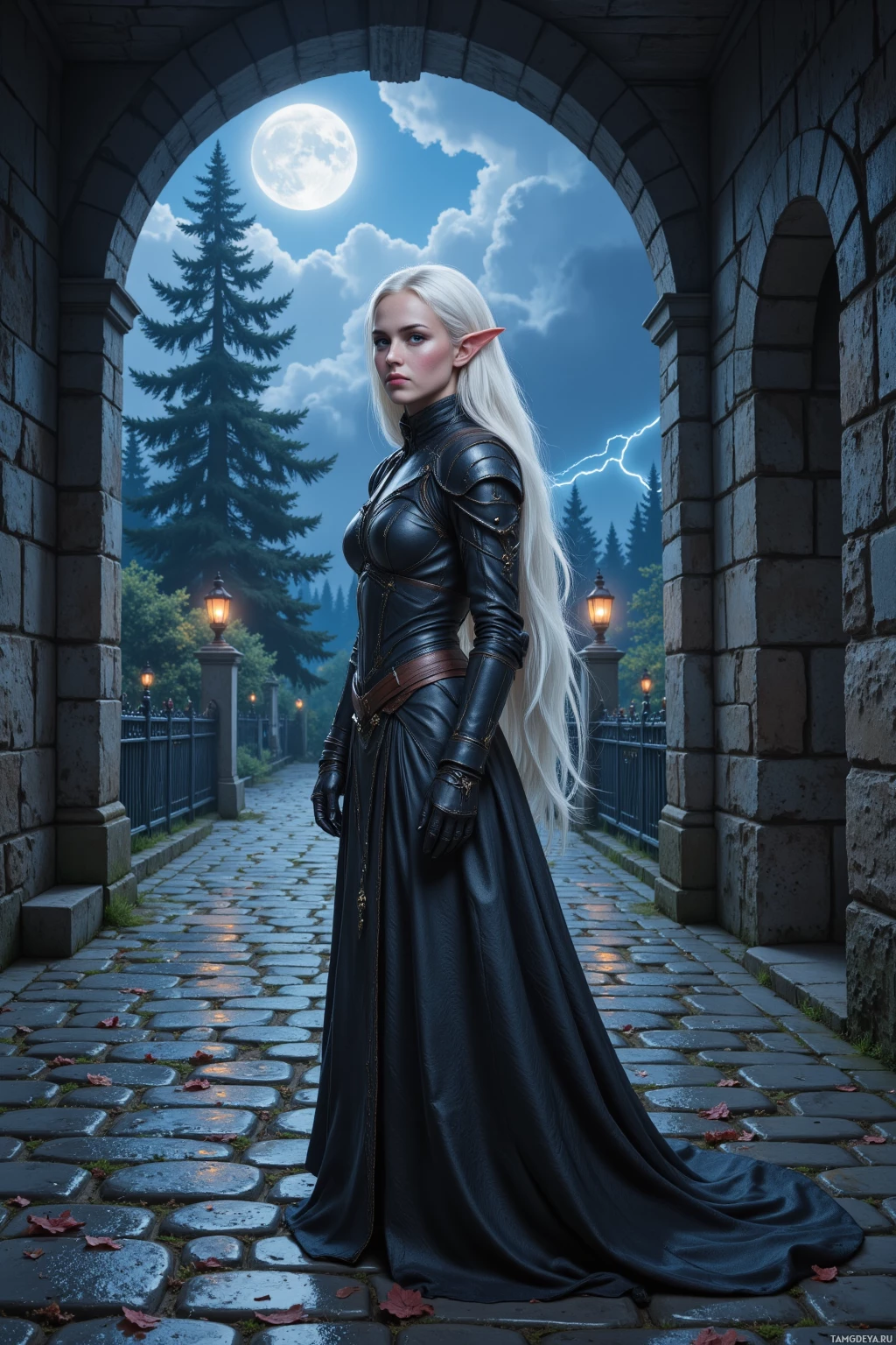 Realistic high quality photo. A 120‑cm tall female drow elf with white hair and piercing blue eyes in sleek dark leather armor stands poised in a moonlit cobblestone alley at night, silver threads of light weaving between stone walls beside an ancient forgotten bridge while distant thunder crackles over the old pine trees.