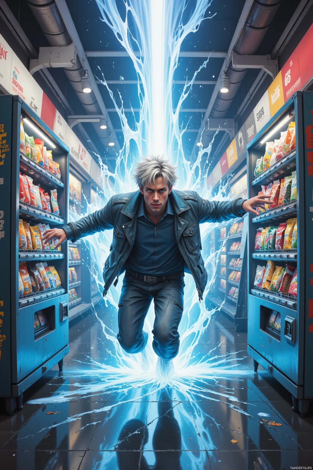 Realistic high quality photo. A 25‑year‑old male with messy silver hair, piercing blue eyes, fair skin, wearing a weathered biker jacket whose translucent arms fade into mist, bursts through a wormhole into the snack aisle of a sprawling orbital mall, launching a vending machine into a rapid glide as a speed boost while a coolant leak spills into a glowing blue fountain, with floating snack crates and the distant outline of a space pier in the background.