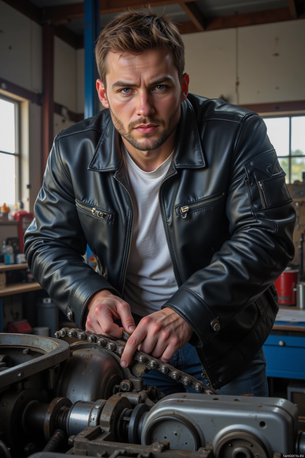 Realistic high quality photo. 29‑year‑old male mechanic with light brown short hair and blue eyes wearing a black leather jacket over a white T‑shirt and jeans tightening a V‑8 timing chain in an early‑morning workshop full of exposed gears and bolts, his face showing restless focus and a hint of adrenaline.