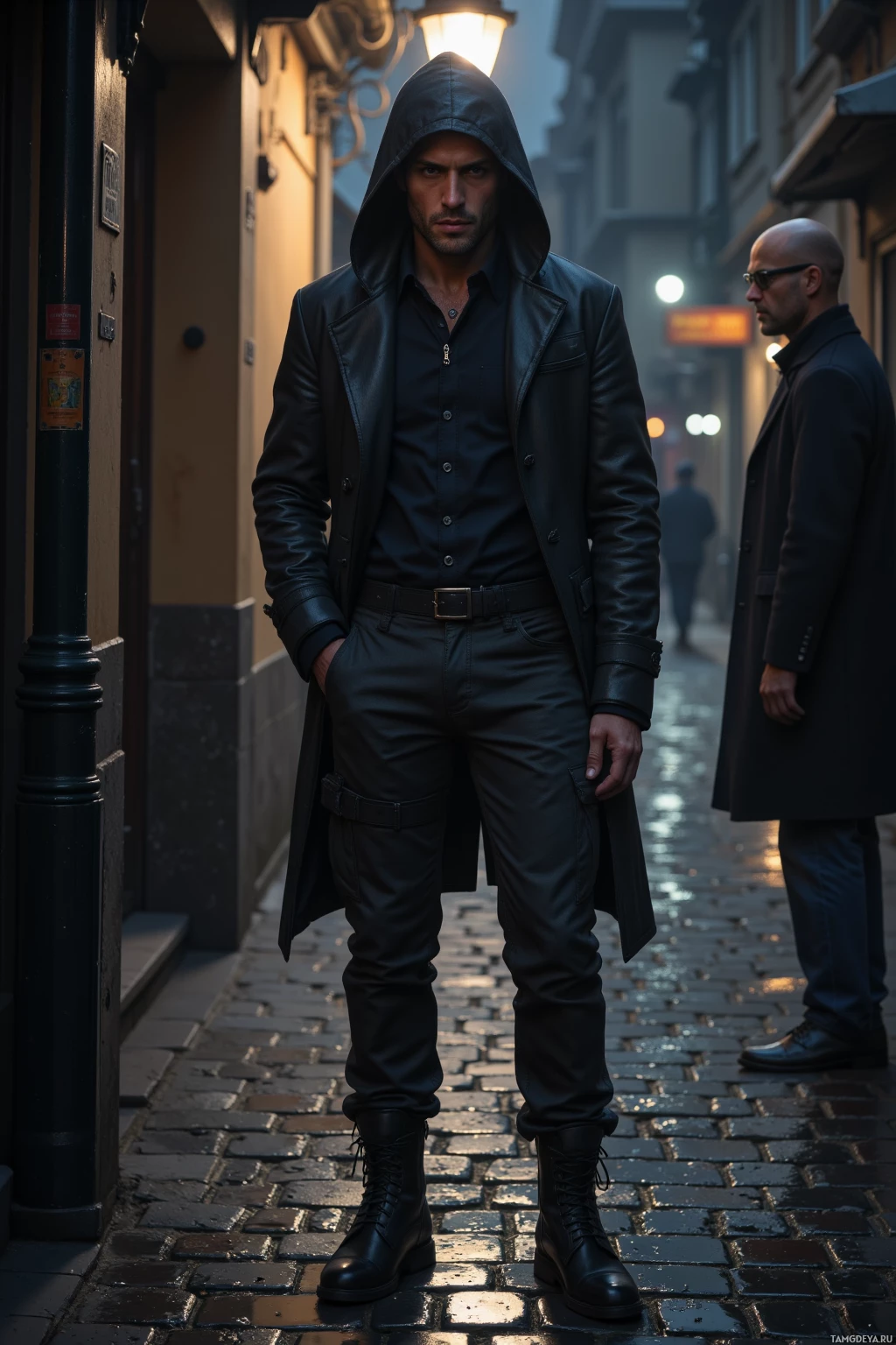 Realistic high quality photo. A lean 33‑year‑old man with short black hair and piercing brown eyes, dressed in a fitted black hooded coat, dark utility pants, heavy boots, stands in a dimly lit urban alley at night, slipping sleek sunglasses into the pocket of a passerby while surrounded by damp cobblestones reflected under a low streetlamp, his expression cold yet composed.