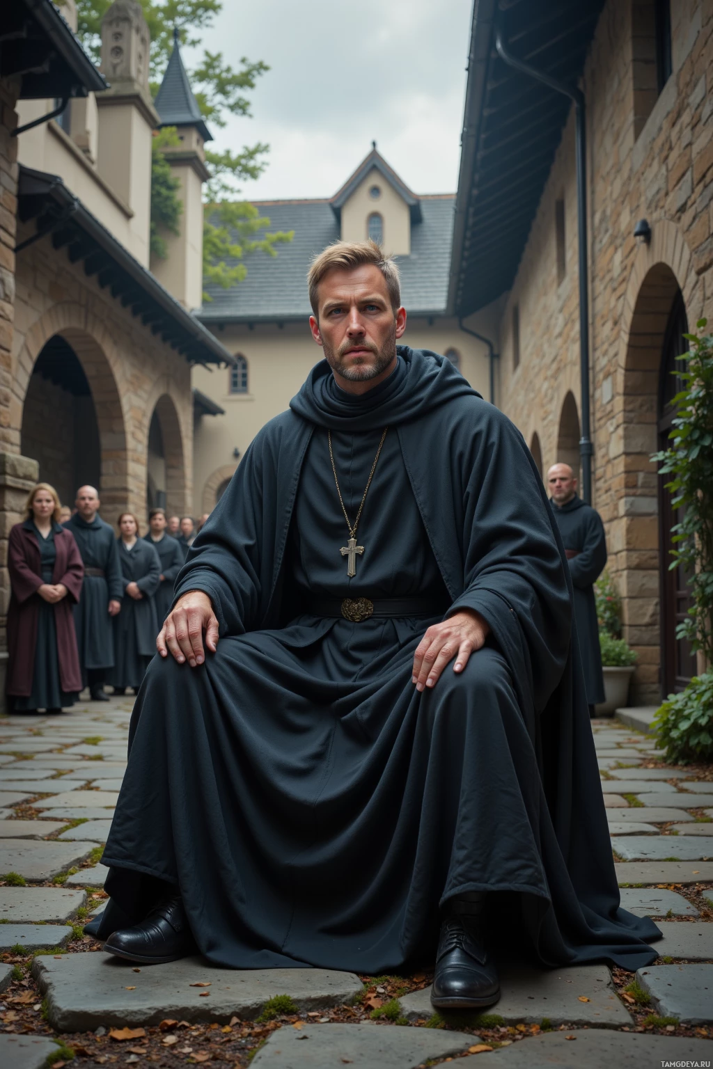 Realistic high quality photo. Male, 45, short light brown hair, piercing blue eyes, fair skin, strong features, slight brow crease, wearing a simple dark clerical robe falling just above ankles with a silver cross pendant, sits on a weathered stone path in a quiet courtyard under a steady sky, surrounded by damp moss and rustling leaves, a small gathering of followers listens, his calm, wise expression radiating gentle guidance.