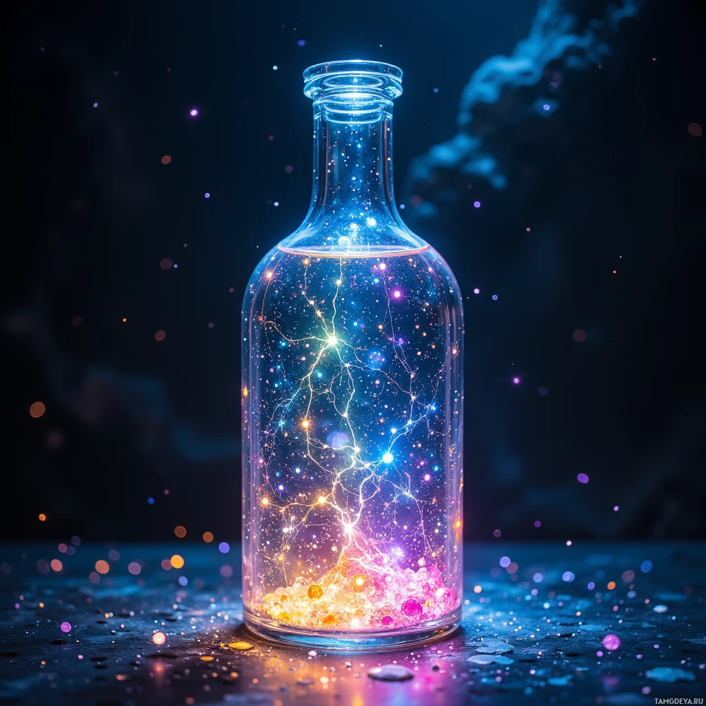 Semi-abstract image with many light, that is suitable for the post:  slender translucent glass bottle with etched constellations, holding iridescent liquid that shifts through rainbow hues when tilted.