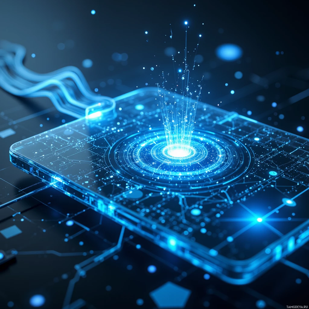Semi-abstract image with many light, that is suitable for the post:  Sleek carbon‑fiber glass chassis refracting soft blue lattice light, featuring a pressure‑sensitive surface that responds to finger swipes, displaying a 3‑dimensional holographic code manifold, and integrated self‑healing nanoconductor for resilience.