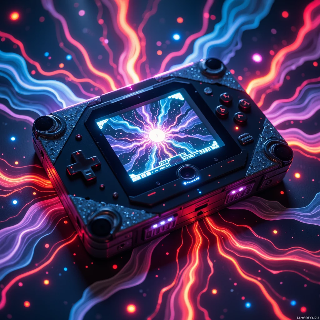 Semi-abstract image with many light, that is suitable for the post:  ultra-compact retro handheld console with a glossy black case adorned in bright pixel art decals, a small built‑in projector lens, and a modular sprite library interface for swapping characters and levels.